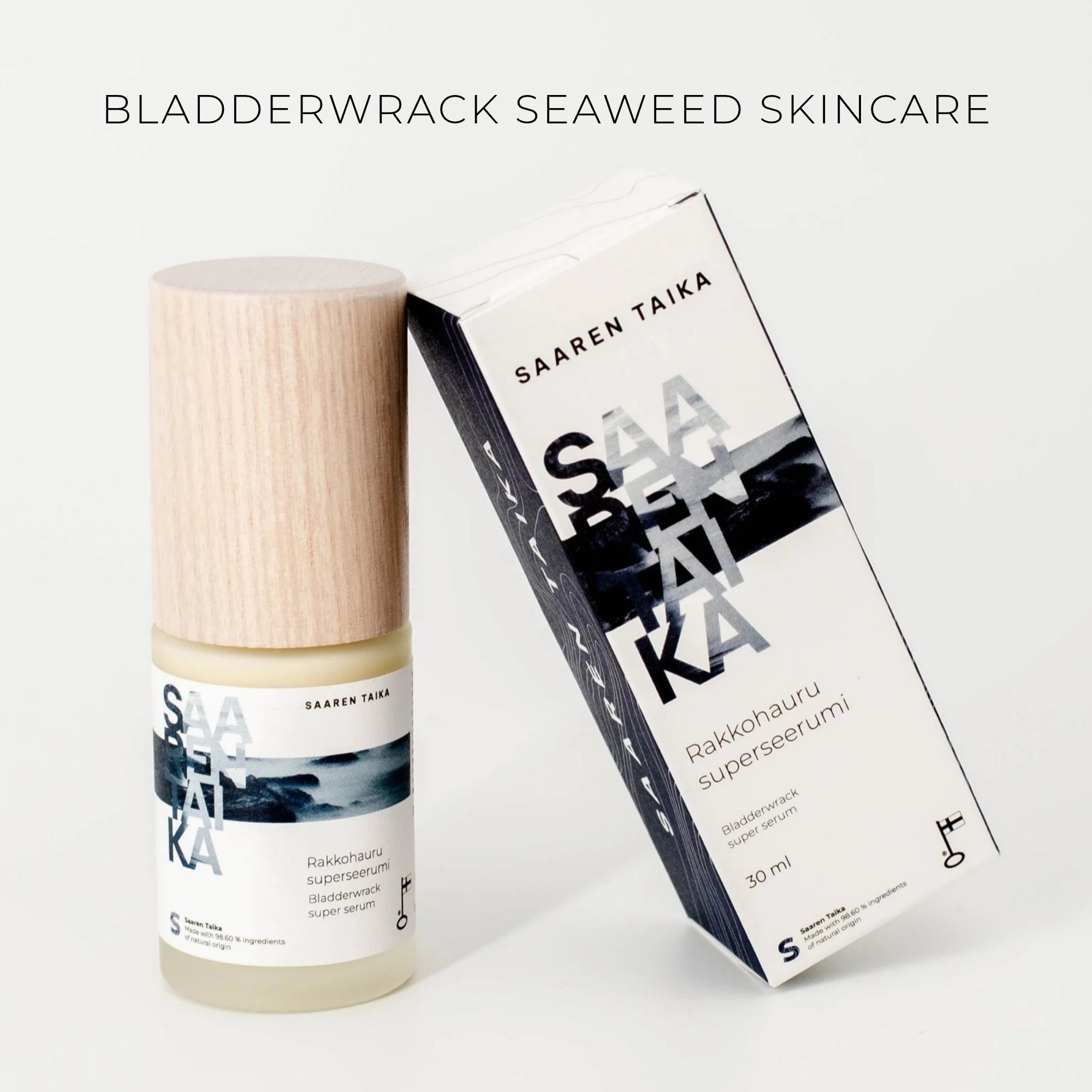 Saaren Taika Bladderwrack Super Serum bottle and box, bladderwrack seaweed skincare collection
