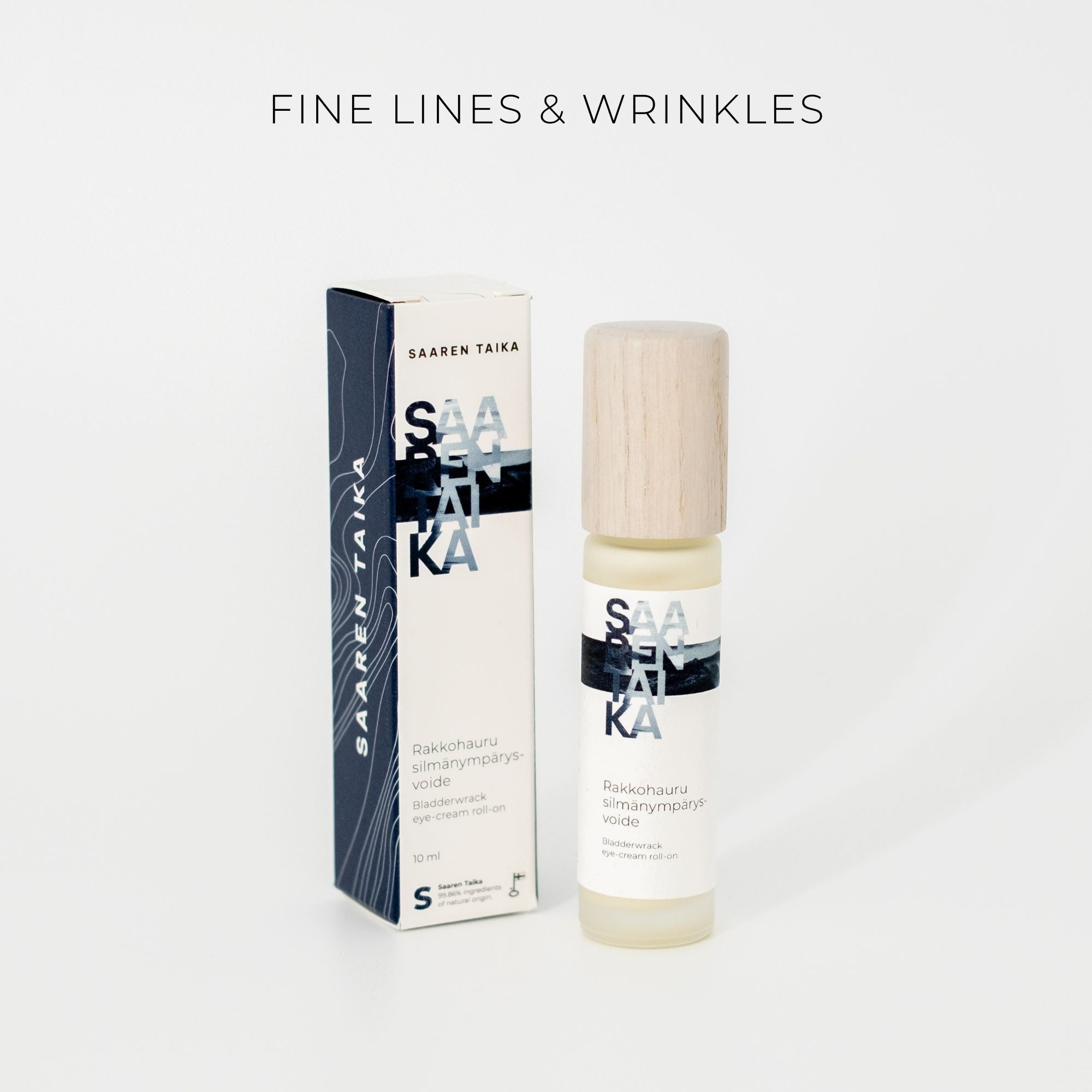 Saaren Taika Bladderwrack Eye Cream Roll-On and box, skincare for fine lines and wrinkles
