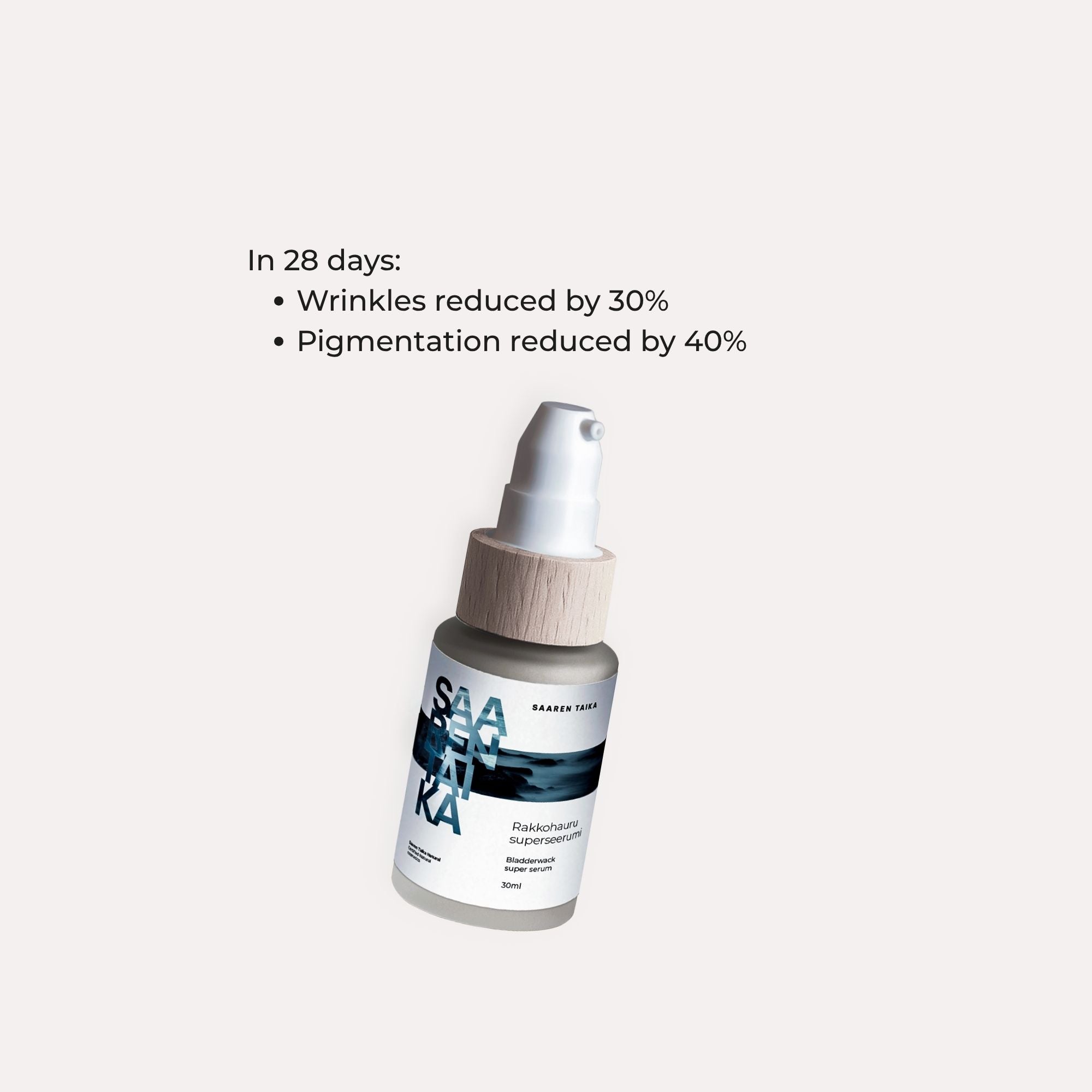 Saaren Taika Bladderwrack Super Serum clinical results in 28 days: wrinkles reduced by 30%, pigmentation reduced by 40%
