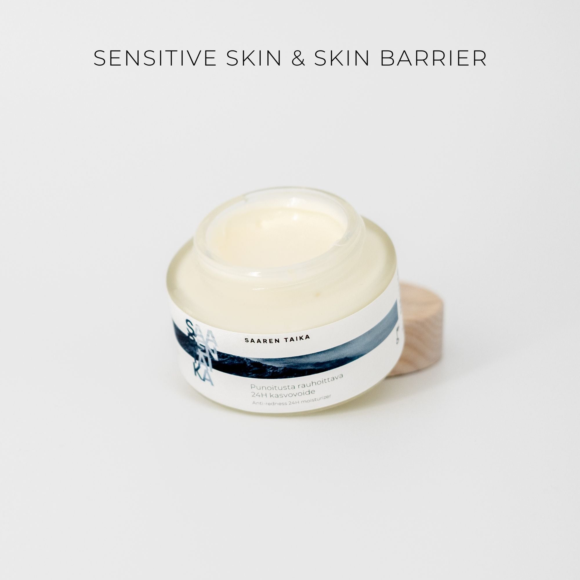 Open jar of Saaren Taika face cream for sensitive skin and skin barrier care